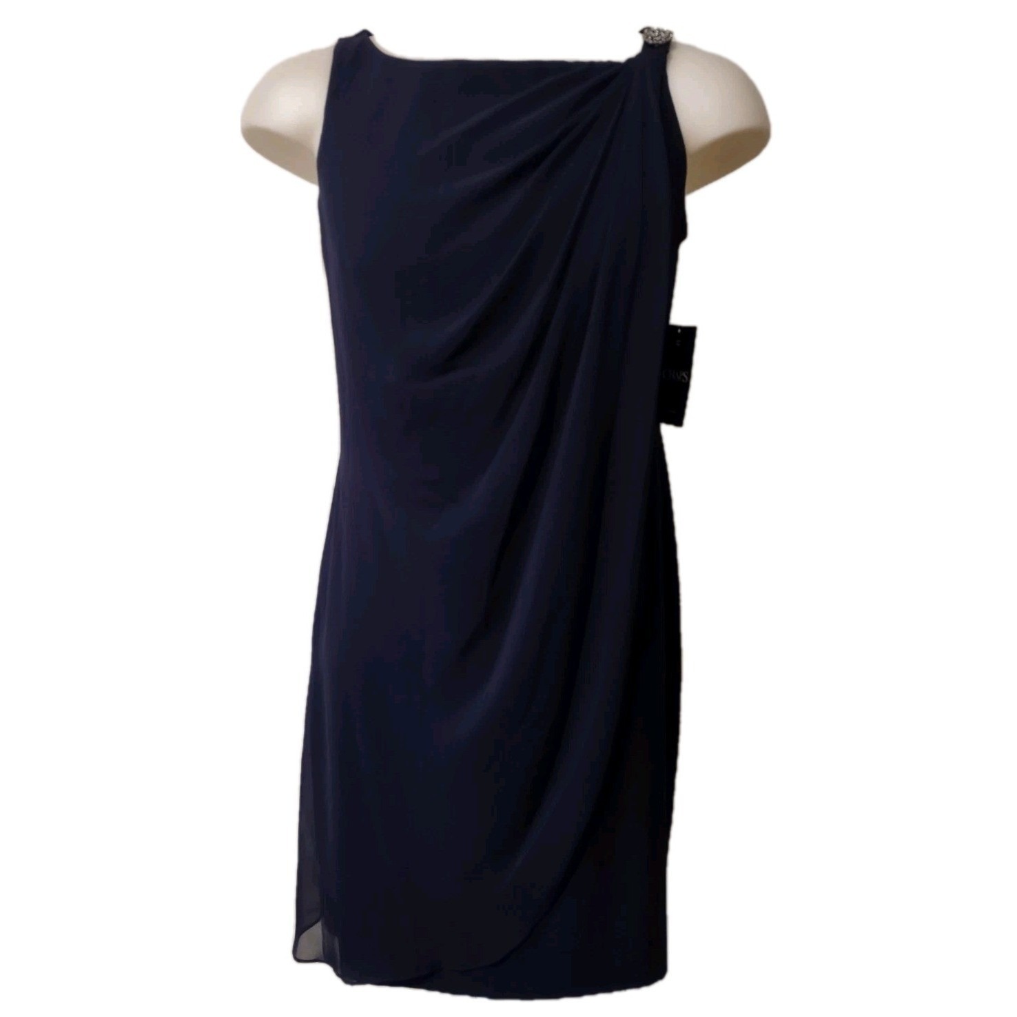 Chaps Evening Dress Women's Size 14 Navy Blue Ruched Faux Wrap Cocktail Wedding